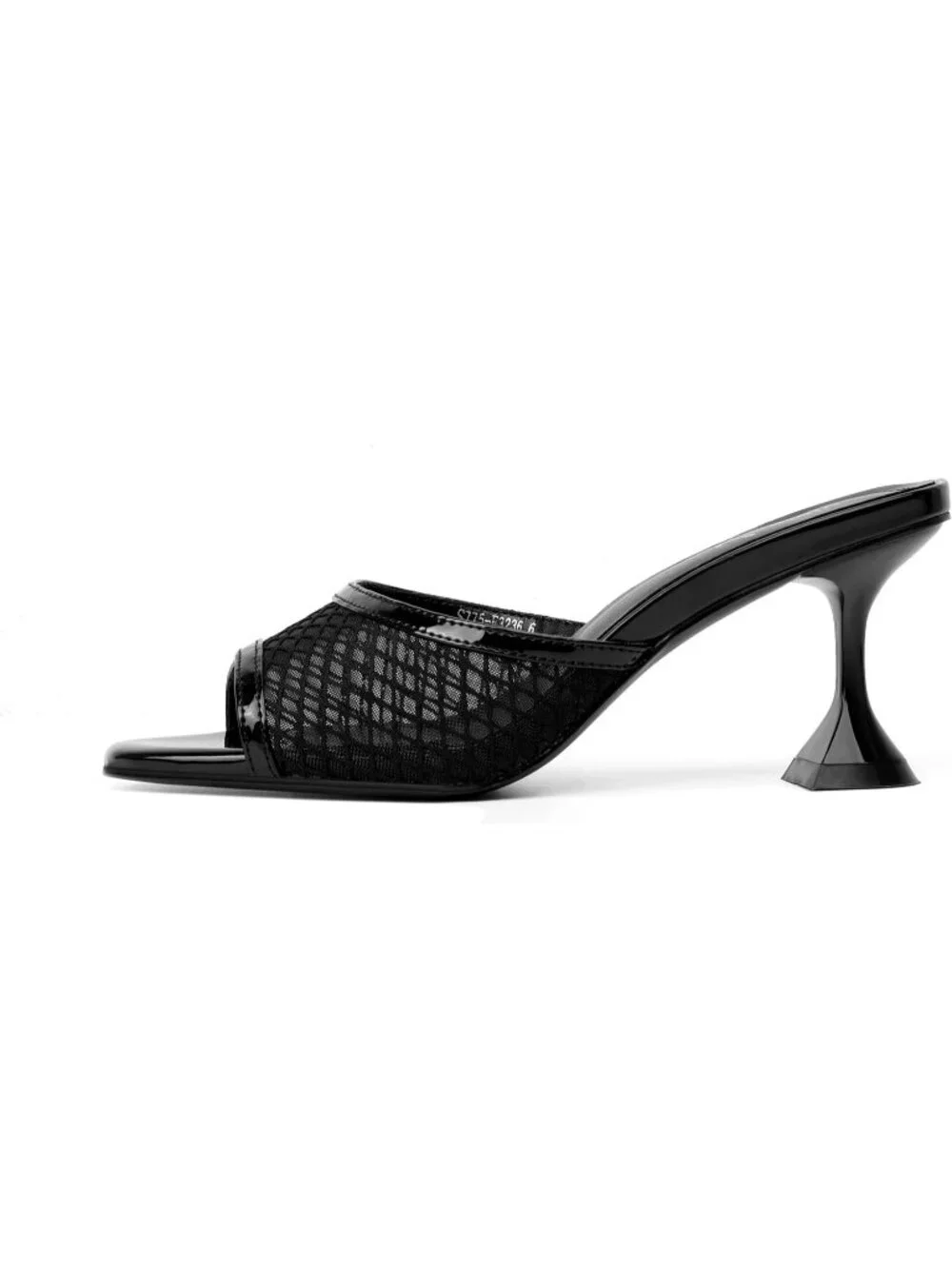 Women's Black Mesh Stylish Square Open Toe Slip on Heeled Slides Mules Sandals